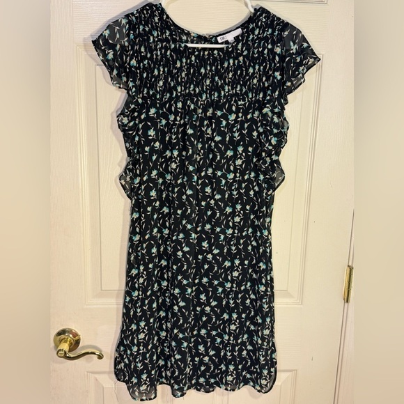DR2 Daniel Rainn Floral Print Ruffle‎ Trim Belted Dress Black Aqua Size Small - Picture 1 of 4